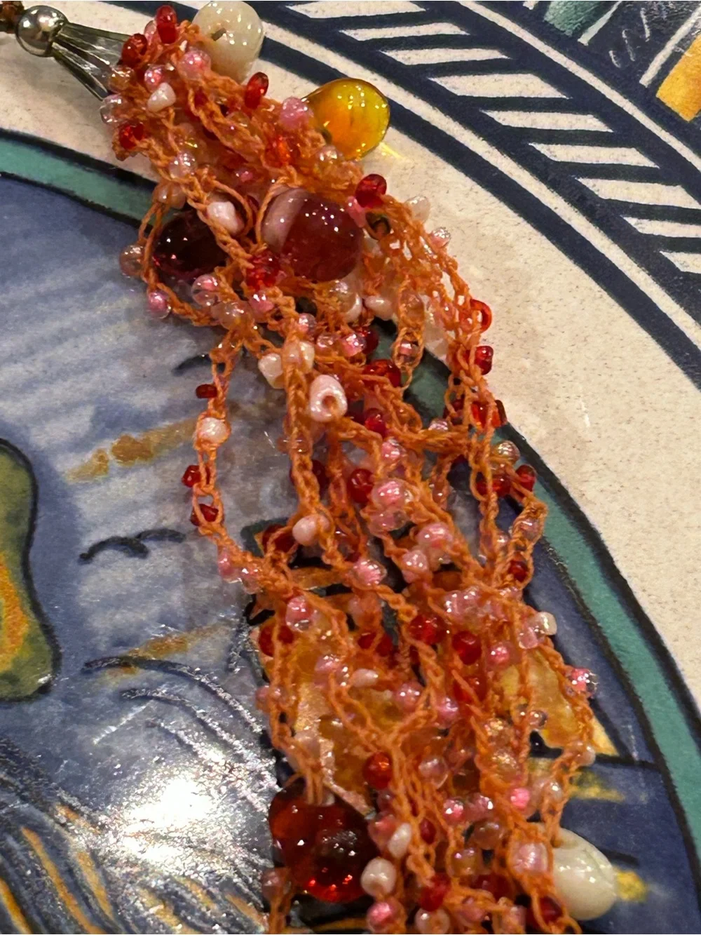 Vintage Necklace Red Branch Coral, Carnelian, glass Mermaid’s Tears woven thread